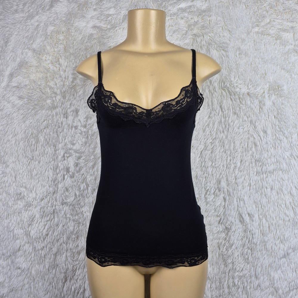 Tezenis Womens Black Lace Trim Camisole Spaghetti Strap Tank Top Y2K